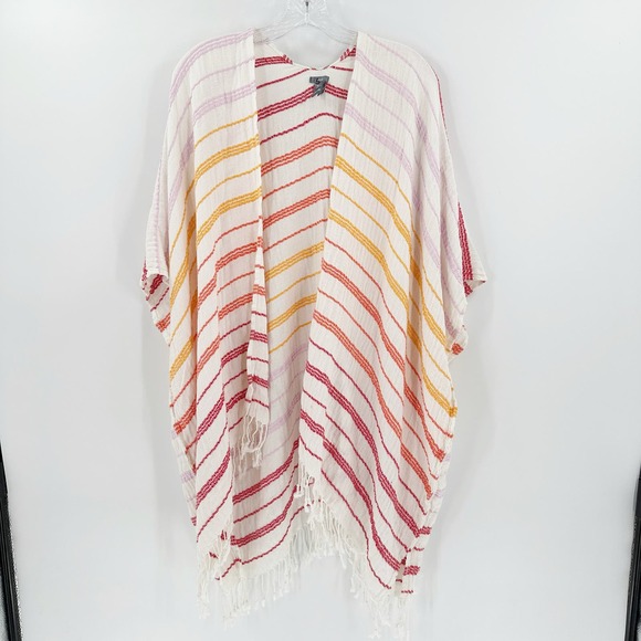 Aerie White Red Striped Cotton Boho Tassel Fringe Coverup Kimono One Size - Picture 1 of 13
